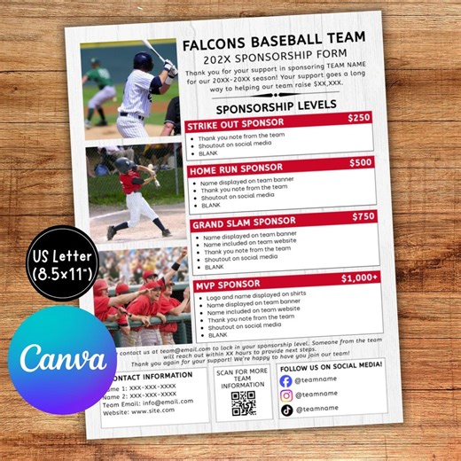 Baseball Sponsorship Flyer Template, Fundraiser Form, Sponsor My Season, Team Fundraiser, Travel Team, Canva, Sport Sponsor Sheet, US Letter - Etsy