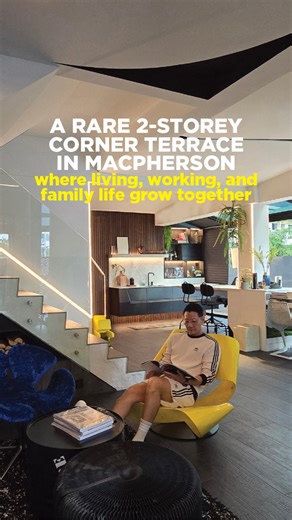 Home & Decor Singapore on Instagram: "A 2-storey + loft corner terrace house in MacPherson, where living, working, and family life grow together. Designed by Kelvin as a home for his family, this corner terrace sits quietly within the neighbourhood, shaped by his favourite design elements. A textured brick façade and origami-inspired gate set an understated tone. Inside, open communal spaces unfold—brightened by skylights and anchored by a fireplace—creating a home that feels airy and lived-in.