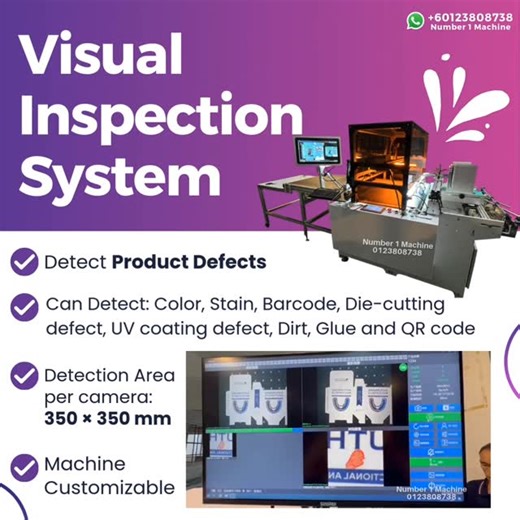 Number 1 Machine on Instagram: "✨ 𝐕𝐢𝐬𝐮𝐚𝐥 𝐈𝐧𝐬𝐩𝐞𝐜𝐭𝐢𝐨𝐧 𝐒𝐲𝐬𝐭𝐞𝐦 ✨ ✅ Detect Product Defects ✅ Can Detect: Color, Stain, Barcode, Die-cutting defect, UV coating defect, Dirt, Glue and QR code ✅ Detection Area per camera: 350 × 350 mm ✅ Machine Customizable Contact Us ☎️ +60123808738"