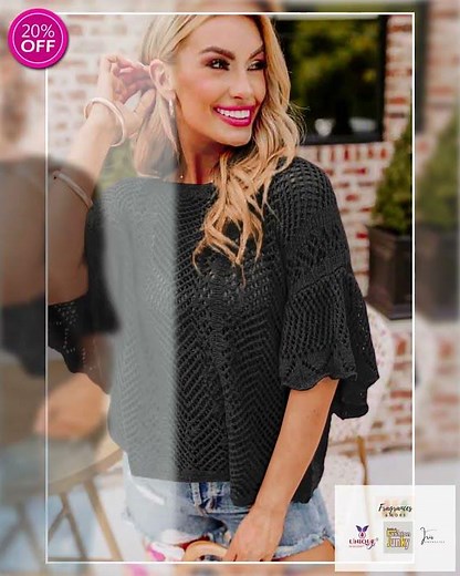Black Pointelle Knit Scallop Edge Short Sleeve Top