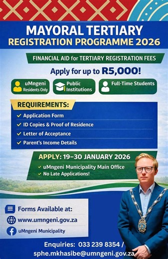 MAYORAL TERTIARY REGISTRATION PROGRAMME Under our priority of being a responsive government, His Worship the uMngeni, Mayor Chris Pappas, invites children from vulnerable communities to apply for funding to assist them to register into institutions of higher learning. To access the application form please click on the following link:- https://eur02.safelinks.protection.outlook.com/?url=https://www.umngeni.gov.za/documents/?category=notices&data=05|02|Thando.Mgaga@umngeni.gov.za|9c67ba7aebb4442ca