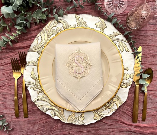 Embroidered Ornate Monogrammed Linen Hemstitch Dinner Napkins Set of Four - Etsy