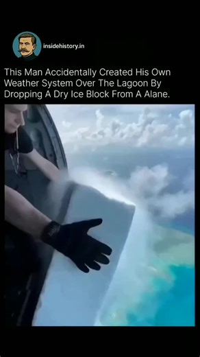 insideHistory.in on Instagram: "When a block of dry ice (solid carbon dioxide) is dropped from a plane into warm, humid air—especially over a tropical lagoon—it undergoes a process called sublimation, where it turns directly from a solid into a gas. Because dry ice is extremely cold (around -78.5°C), it rapidly cools the surrounding air. This causes the invisible water vapor in the atmosphere to condense into tiny liquid droplets or ice crystals, forming a dense, visible artificial cloud or fog.