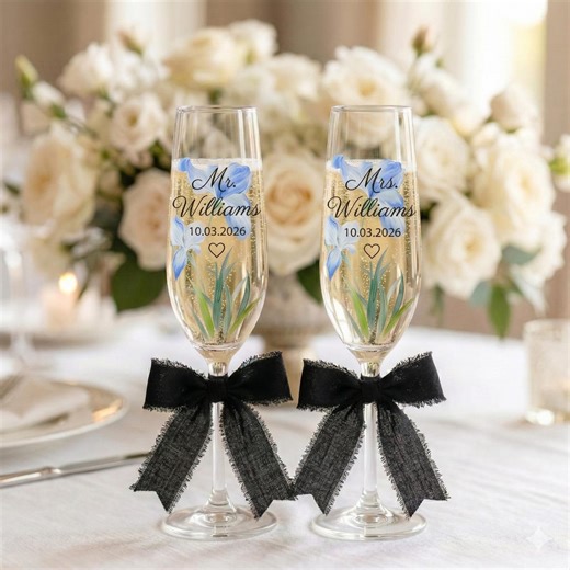 Personalized Wedding Flutes,custom Mr and Mrs Toasting Glasses,hand Painted Iris Black Tie Gift,something Blue for Bride,engagement Stemware - Etsy