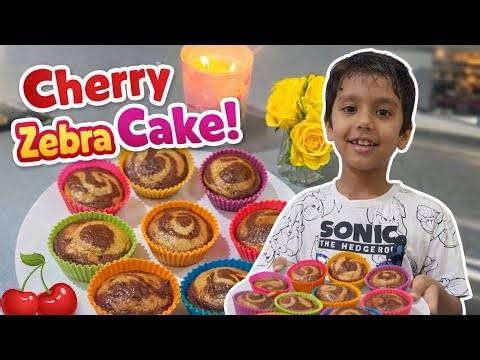 Cherry Zebra Cake Recipe | Baking by My 7 Year Old Son who loves baking #baking #muffins