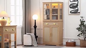 FOREST GRAVITY 31.5'' Small Buffet Cabinet with Glass Doors,Small Coffee Bar Cabinet with Storage,Modern Sideboard with Adjustable Shelf and a Drawer,for Kitchen,Natural