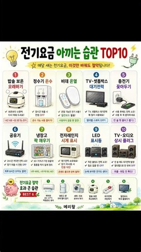 전기요금 아끼는 작은 습관! 대기전력 차단부터 냉장고 관리, 절전모드 활용까지 전기요금 절약되는 실생활 꿀팁을 한눈에 확인해 보세요. #전기요금 #전기절약 #에너지절약 #메리왈