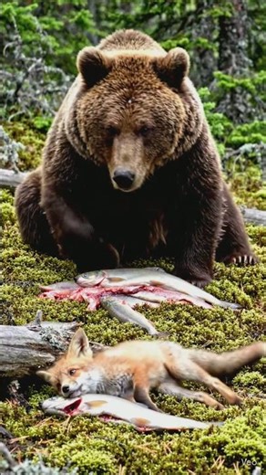 The Bold Fox and the Grizzly Bear: A Daring Fish Theft! 🦊🐟🐻