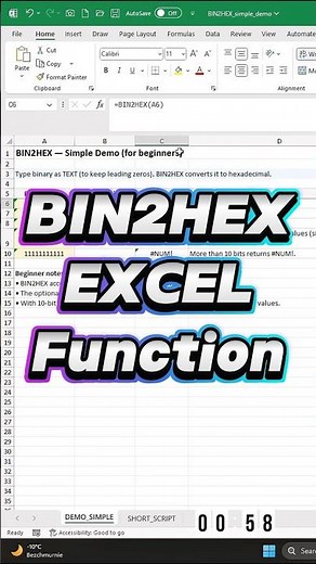 Excel A–Z in 60s: BIN2HEX — Binary to Hex #Excel #BIN2HEX #Binary #Hex #ExcelShorts #ExcelTips