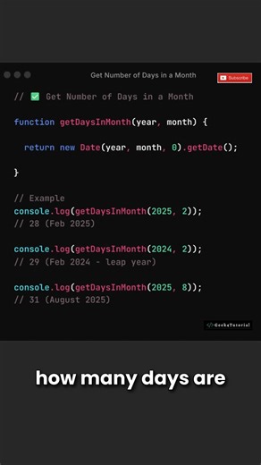 How to get the number of days in a month in JavaScript? . . . . . #javascript #reactjs #html #css #jquery #frontend #webdeveloper #string #interviewquestions #javascriptdeveloper #programming #codingmemes #codingchallenge #cod #codingmemes #coder #microsoft #aws #azure #gcp #api #github #backend #programming #reels #reelsinstagram #trendingreels #trending #aws #trendingreels | Geek4Tutorial