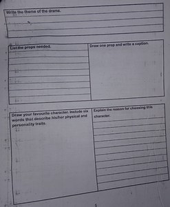 Write the theme of the drama.List the props needed.Draw one... | Filo