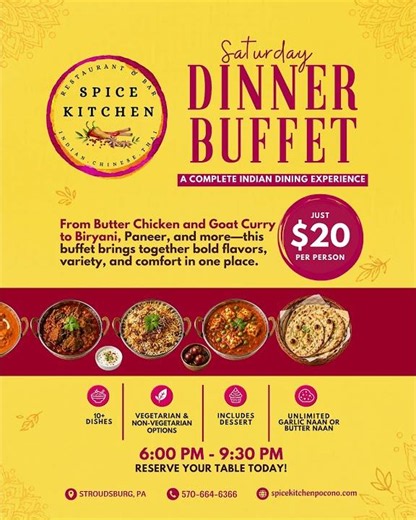 Saturday Dinner Buffet 🍛🔥 Unlimited Naan, Butter Chicken & More for $20