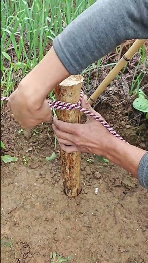 The method of lashing a rope to a wood stake