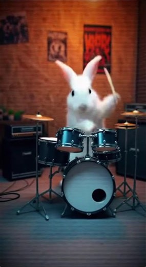 A Fluffy White Rabbit Shreds on a Full Drum Kit in a Wood-Paneled Garage Studio