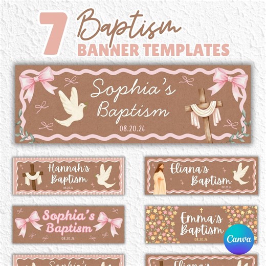7 Baptism Banner Templates | Pink Christening Decor | Editable Christian Baby Dedication | Church Banner for Girl | 2x6 Canva Template - Etsy