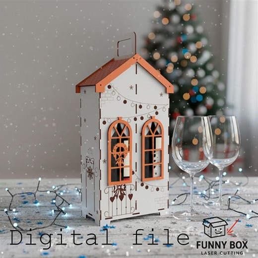 Laser Cut Christmas Wine Box SVG | Holiday House Gift Box | Wine Bottle Holder | Digital Download DXF - Etsy
