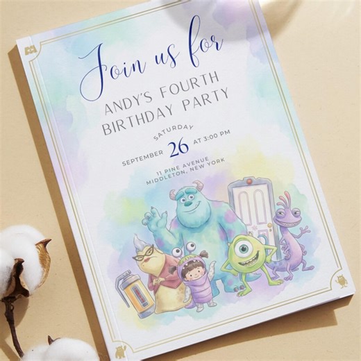 Monster's Inc. Birthday Invitation, Watercolor (toddler & Preschool Party Invite, Editable Digital, Printable, Instant Download) - Etsy