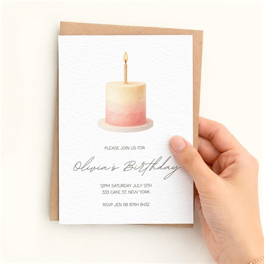 Pink Birthday Cake Invitation | Minimal Kids Party Invite | Soft Pastel Cake Invite | Editable Printable Birthday Invite - Etsy