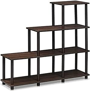 Furinno TURN-N-TUBE Storage Shelves, 4-Tier Ladder Book Shelf, Corner Shelf, Toolless Open Shelves, for Organization and Storage, Living Room, Garage, Home Office, Walnut