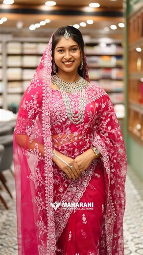 Maharani Wedding Collections on Instagram: "A perfect blend of grace and charm 💕 Embroidered pink net saree with intricate floral work — made for special moments. bridal saree | pink saree | net saree | embroidered saree | wedding wear | Maharani Wedding Collections"
