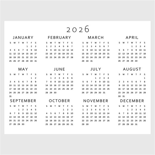 2026年カレンダー印刷可能 | 1ページ | 年間カレンダー | 一年の始まり | 卓上カレンダー | 月曜日と日曜日開始、A4 A5 USレターサイズ PDF - Etsy 日本