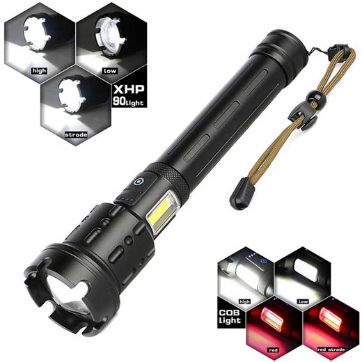 2022 High Power LED Flashlight USB Rechargeable XHP90 P90.2 COB LED Torch Light Aluminum Alloy Body Zoom Handheld Torch Light