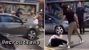 Shocking moment woman in wedding dress is brutally punched in street brawl