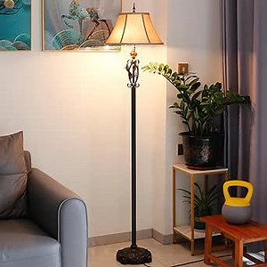 Farmhouse Mid-Century Yellow Fabric Floor Lamp with Metal Leaf Resin Base 70 Inch Height Decor for Office Bedroom Living Room