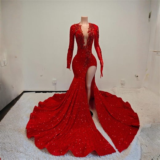 Long Sleeve High Slit Red Ball Gown Sparkling Rhinestone Mermaid Prom Evening Dress Crystal Couture Wedding Dress Gala Formal Party Wear - Etsy