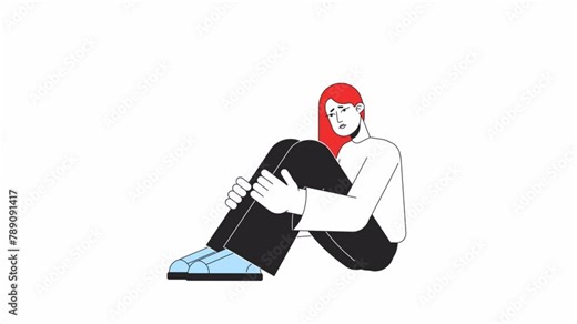 Unhappy woman sitting alone line 2D character animation. Negative emotions flat color cartoon 4K video, alpha channel. Depressive female hugging knees animated person on white background