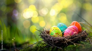 colorful easter eggs on nest green grass video background looping 4k quality