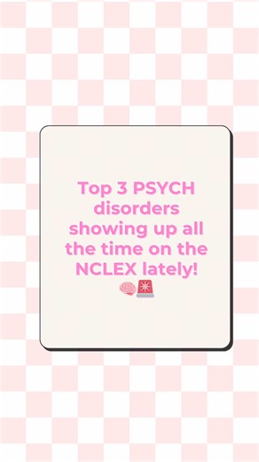 🚨If you’re studying for the NCLEX, these 3 psych disorders show up all the time! 👇🏻👇🏻 🧠 Schizophrenia Patho: excess dopamine Symptoms: hallucinations, delusions, disorganized thinking 📌NCLEX tip: do NOT argue with hallucinations. 🧠 Major Depression Patho: low serotonin & dopamine Symptoms: sadness, fatigue, loss of interest 📌NCLEX tip: suicidal thoughts = priority. 🧠 Bipolar Disorder Patho: unstable mood regulation Symptoms: mania depression 📌NCLEX tip: reduce stimulation and keep pat