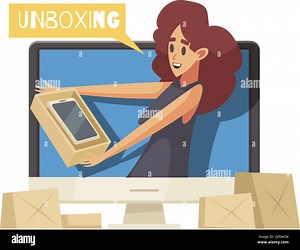 Unboxing video blogger cartoon icon with woman holding cardboard box vector illustration Stock Vector Image & Art - Alamy