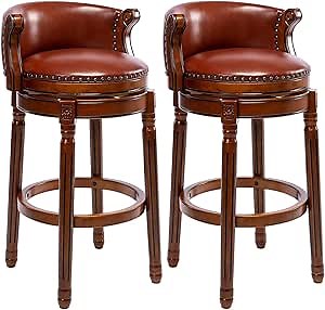 RAINMOOD Bar Stool, Mid-Century Modern Style Swivel Bar Stools with Leather Seat and Wooden Legs, Counter Chair for Kitchen Dining Room (Set of 2 Brown Seat, Barstool-Seat Height 30)