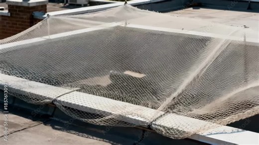 Medium shot capturing bird netting stretched over rooftop areas creating a safe barrier to keep birds away from sensitive zones.