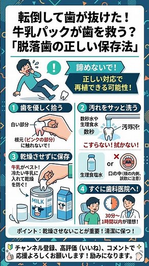 082 転倒して歯が抜けた！牛乳パックが歯を救う？「脱落歯の正しい保存法」#応急処置 #歯が抜けた #脱落歯 #牛乳 #歯科 #救急 #健康 #Shorts
