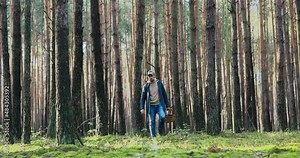 Experienced man interested in mushrooming dressed warmly with cap on head is walking through forest between trees mushroom picker came to harvest, looking for boletes carefully steps