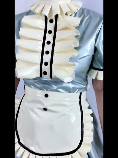 Men Women Shiny PVC French Maid Dress Short Puff Sleeve Apron with Large Ruffles Trims Maid Dress