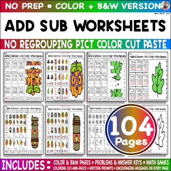 Math ADD SUB 2 3 Digit No Regrouping Pict Color Cut Paste Game Elementary Sheets