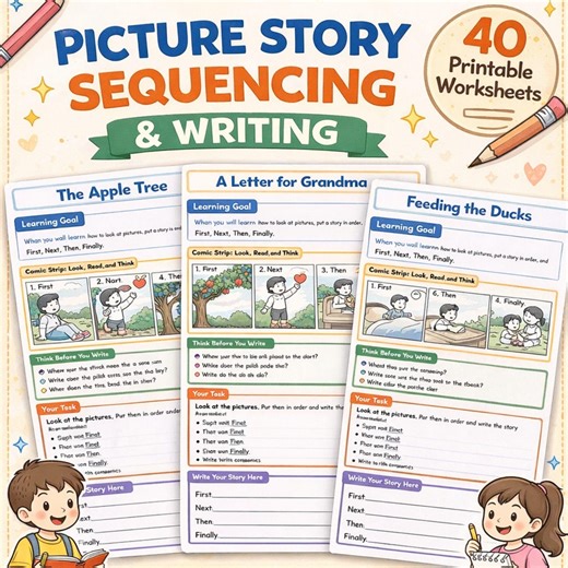 Picture Story Sequencing Writing Worksheets | Kindergarten Homeschool PDF Download - Etsy