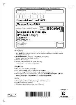 2025 Pearson EDEXCEL A Level Design And Technology Component 1 9dt0 01 Product Design