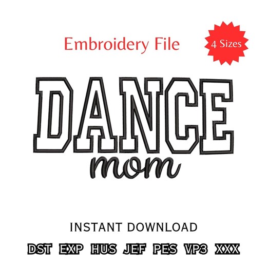 DANCE Mom Applique Machine Embroidery Design Varsity Letter Sports Pattern Digital Download - Etsy