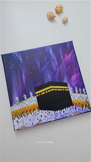 Easy Kaaba 🕋 Painting with Northern Lights 🌌 | Beginner-Friendly Art #Shorts #Acrylicpainting