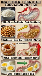 Understanding how foods affect your blood sugar over time can help you make better choices, especially if you're managing diabetes, prediabetes, or just want steady energy. White rice digests quickly and causes a fast spike in blood sugar, often peaking in 30-45 minutes. Chickpeas, being high in fiber and protein, lead to a much slower and gentler rise, peaking around 90-120 minutes. A sugary donut hits hard and fast with refined carbs and sugar, creating an instant spike that peaks in just 20-3