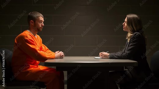 Inmate and female lawyer sitting opposite each other in a stark interrogation room