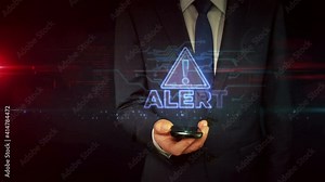 Alert warning concept with exclamation symbol, danger, cyber attack and computer security breach icon. Businessman touch the hologram display in hand. Futuristic light abstract 3d rendering.