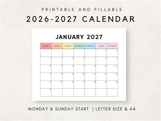 Monthly Calendar 2026-2027, 2026- 2027 Calendar Printable, Calendar Template, 12 Month Calendar, Month at a Glance, 2026- 2027 Planner - Etsy