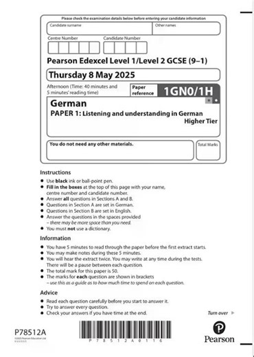 2025 Pearson Edexcel Gcse German Paper 1 and Mark Scheme Combined 1gn0 1h
