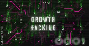 Animation of growth hacking text with binary codes and circuit board pattern over black background