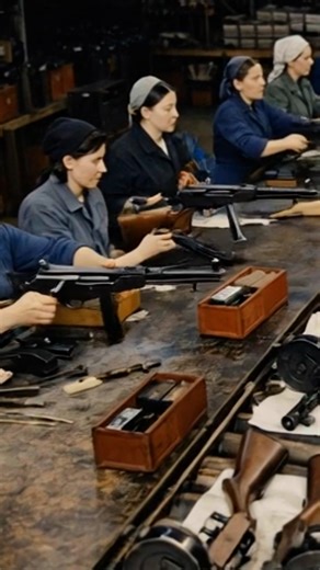While the guns roared on the front lines, another battle was being fought inside the factories. This wartime assembly line shows workers — many of them women, as countless men were fighting at the front — mass-producing submachine guns for the war effort. | Military Foundation
